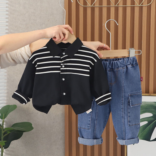 12M-5Y Toddler Boys Sets Lapel Striped Shirts And Jeans  Girls Clothes   
