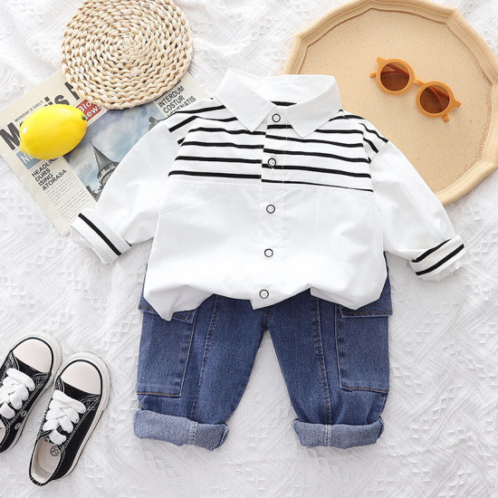 12M-5Y Toddler Boys Sets Lapel Striped Shirts And Jeans  Girls Clothes   
