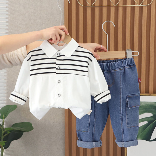 12M-5Y Toddler Boys Sets Lapel Striped Shirts And Jeans  Girls Clothes   