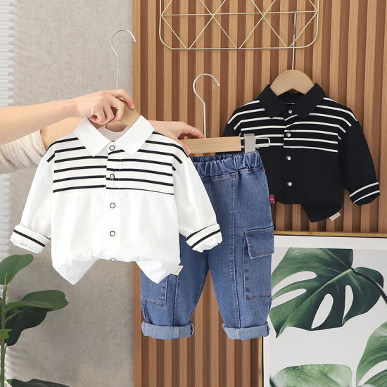12M-5Y Toddler Boys Sets Lapel Striped Shirts And Jeans  Girls Clothes   