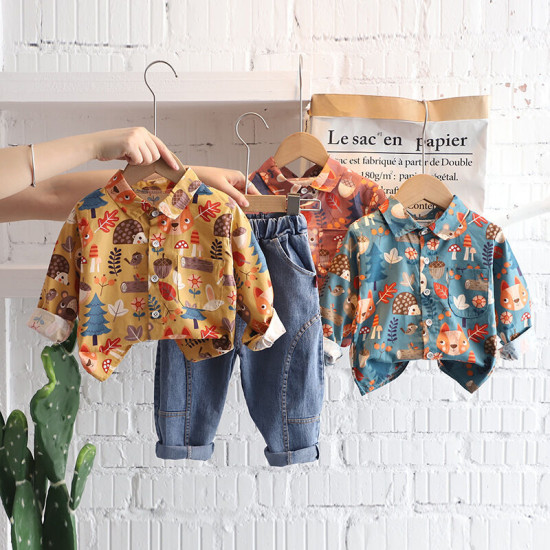 12M-5Y Toddler Boys Sets Lapel Cartoon Shirts And Jeans  Girls Clothes   