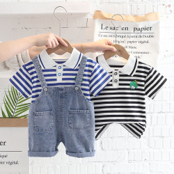 12M-5Y Toddler Boys Sets Striped Polo Shirts And Suspender Jeans  Girls Clothes   