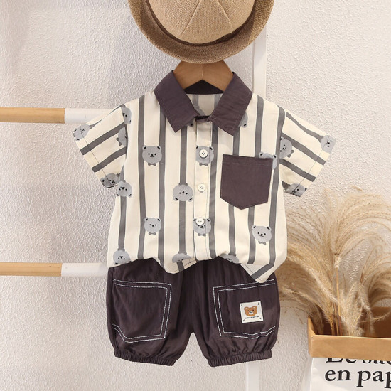 12M-5Y Toddler Boys Sets Striped Bear Shirts And Shorts  Girls Clothes   