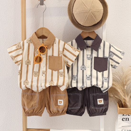 12M-5Y Toddler Boys Sets Striped Bear Shirts And Shorts  Girls Clothes   