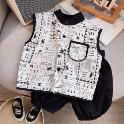 12M-5Y Toddler Boys Sleeveless Printed Vest Pants Two-Piece Set  Boys Clothing   