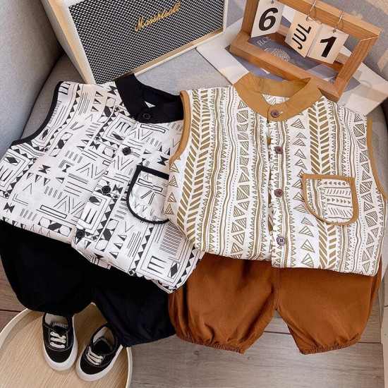 12M-5Y Toddler Boys Sleeveless Printed Vest Pants Two-Piece Set  Boys Clothing   